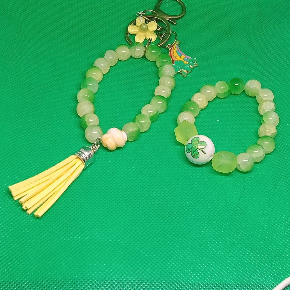 Green and Yellow Beaded Bracelet And Purse Charm Set